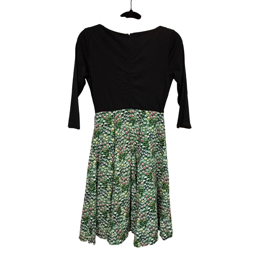 eShakti Black & Green Floral Fit & Flare Dress Size‎ 2 Notched Neck 3/4 Sleeve